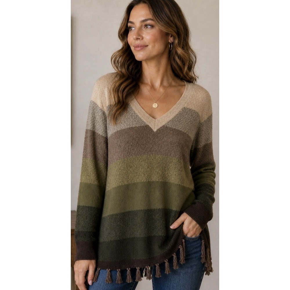 Womens Lightweight Knit Striped Sweater Size M Fringe Western Boho Casual Travel